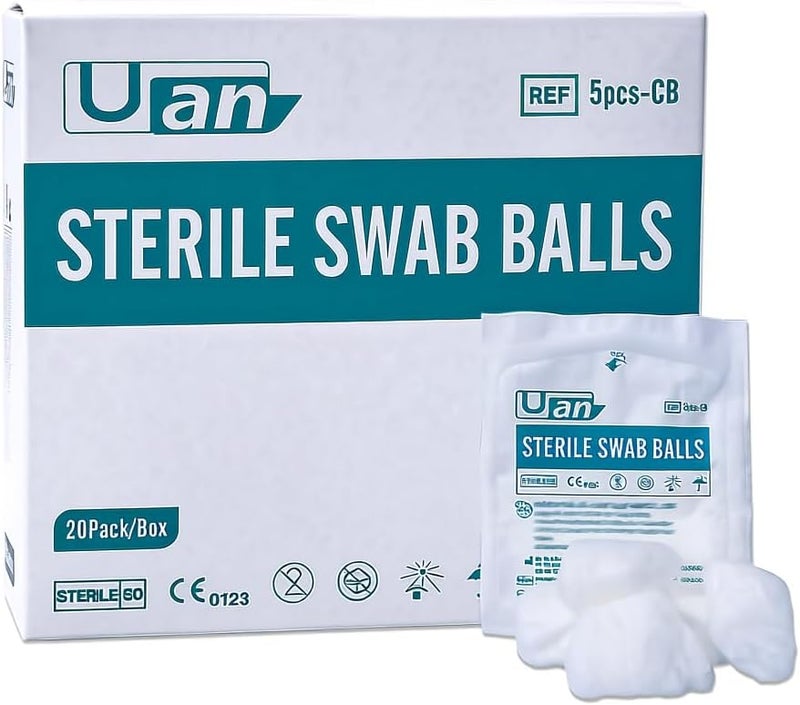 UAN Sterile Wound Care Cotton Balls - 100% Cotton, Ideal for Medical Use & Home Care, Individually Packaged, 20 Pack - Image 1